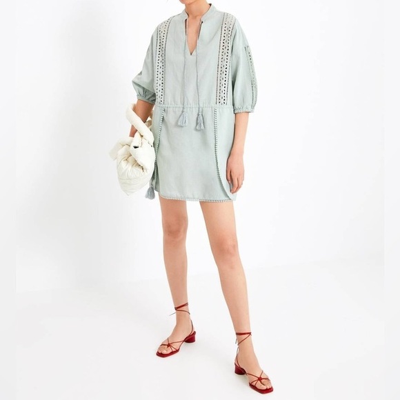 Zara Dresses & Skirts - Zara Sage Green Linen Blend Eyelet Tassel Mini Dress Womens Medium